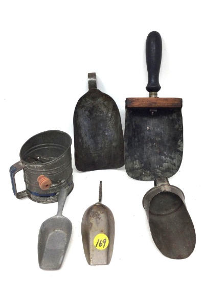 Antique kitchen scoops, sifters and misc.