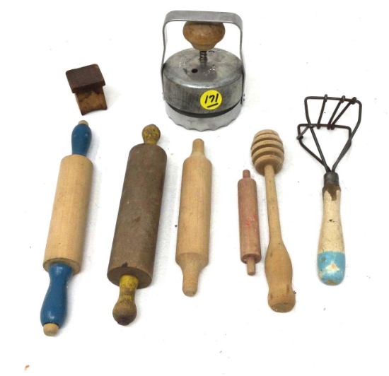 Antique wooden kitchen items blue and yellow handled