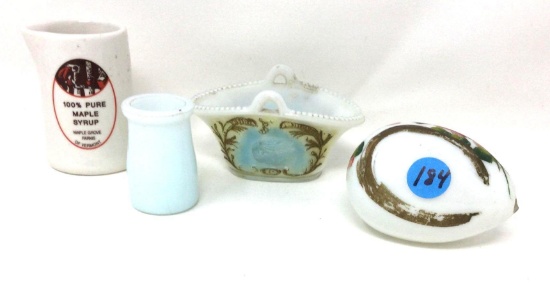 Vintage milk glass toothpick holder and basket, glass painted egg, and syrup container