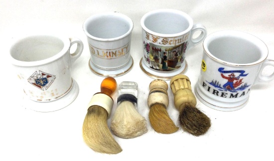 Four vintage shaving mugs and brushes