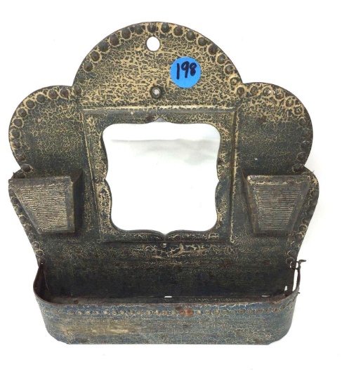 Antique tin comb and brush hanging wall pocket with mirror