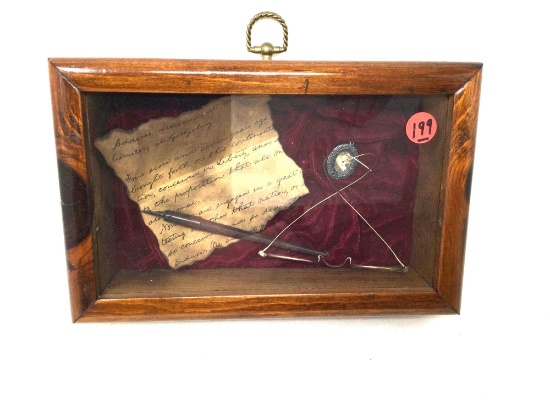 Antique wooden shadow box with pen, glasses and letter