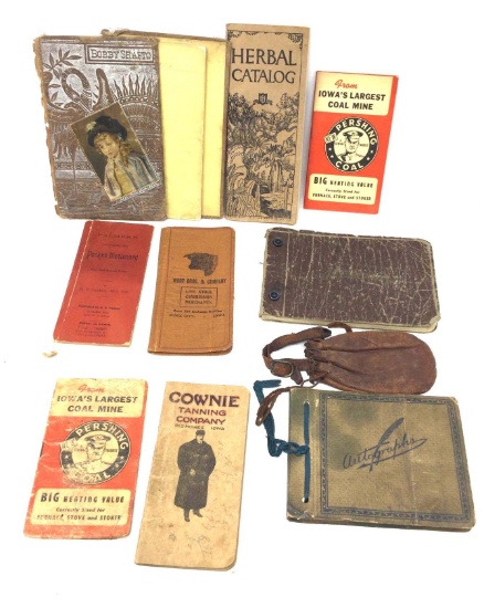Vintage pocket dictionary, memo books, leather pouch and misc. autograph books