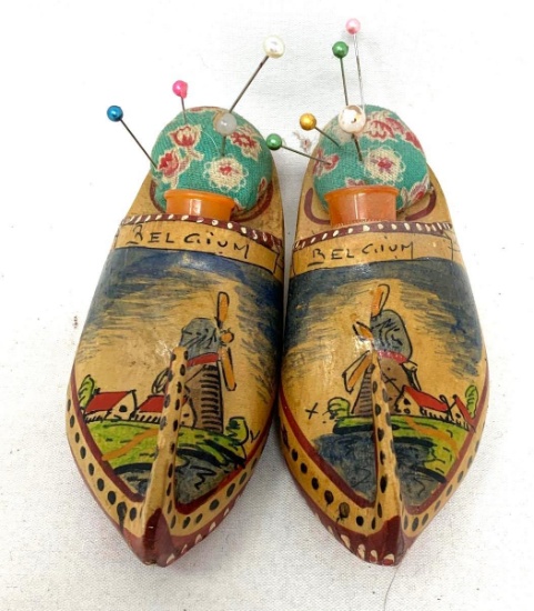 Two vintage wooden Belgium shoe pincushions