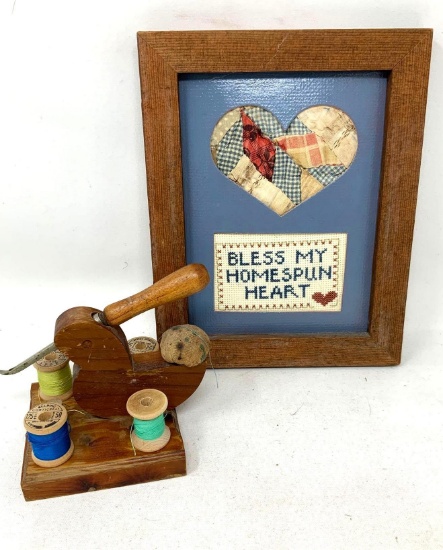 Antique pin cushion and thread holder, wood framed homespun heart picture