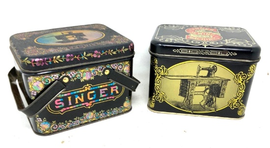 Two vintage singer sewing machine tins