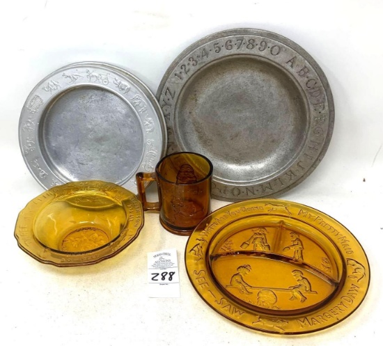 Vintage Childs amber glass plate, bowl, cup and warming tins