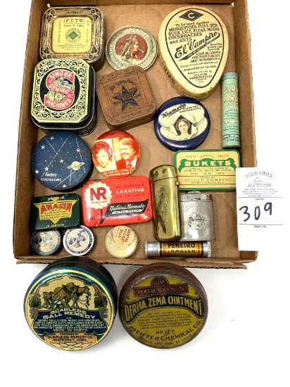 Vintage medicine advertising tins and lighters
