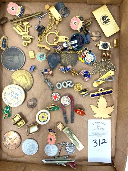 Vintage hat pins, money tokens, medals and more