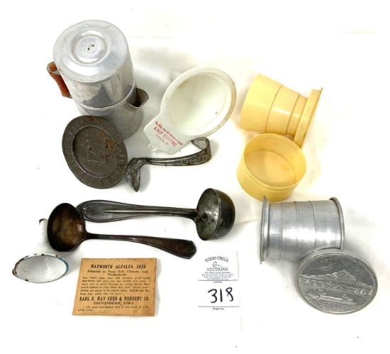 Small vintage coffee pot, funnels, collapsible cups, laddles and more