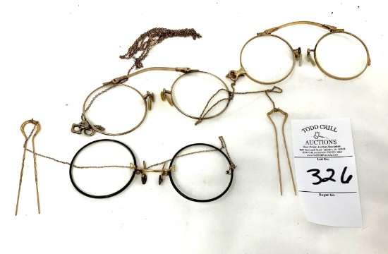 Antique spectacles, two with hair pin chains
