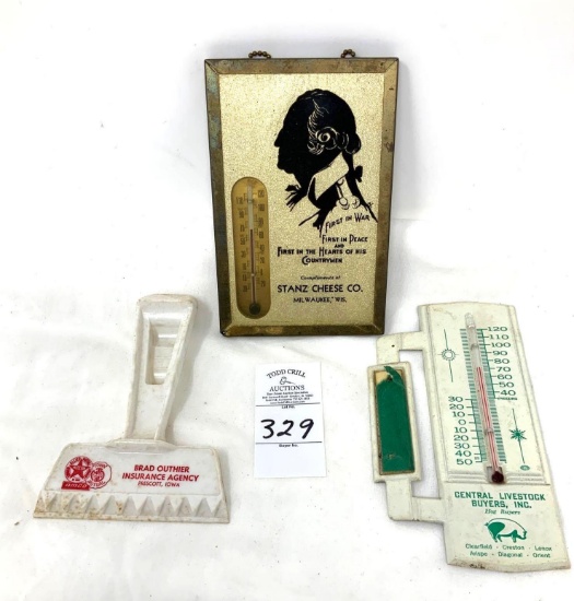 Vintage advertising thermometers and scraper