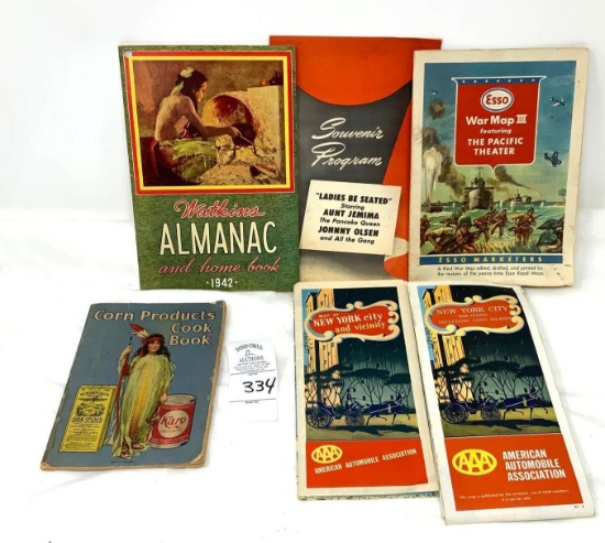 1942 Watkins Almanac, corn products cook book, New York maps, World Map III Pacific theater