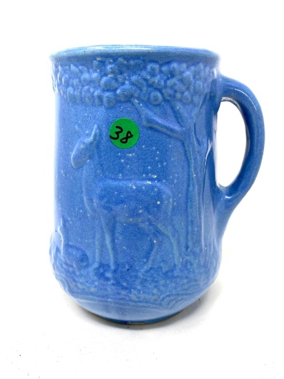 Vintage blue stoneware pitcher with deer