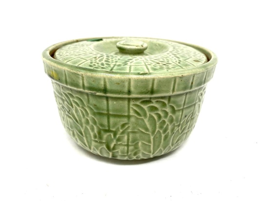 Green vintage covered stoneware bowl