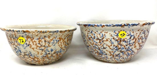 Two antique blue and rust spongeware mixing bowls