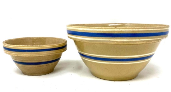 Two antique crock bowls with blue and white rings