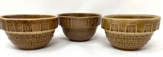 Three antique brown USA crock bowls
