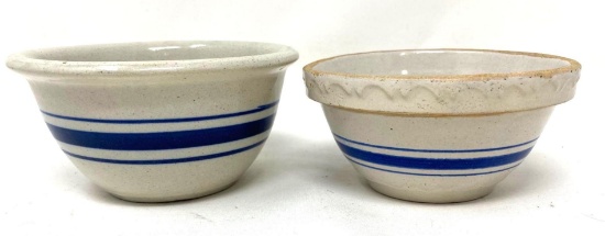 Two antique crock bowls with blue lines