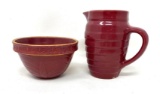 Antique cranberry crock bowl and pitcher