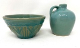 Antique teal/seafoam green crock bowl and jug