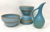 Three USA antique crock bowls and Van Briggle pitcher