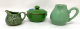 Vintage green Niloak creamer, 1/4 c pitcher, and green ceramic pot