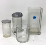 Vintage kitchen clear glass items - sugar, salt, measuring cup