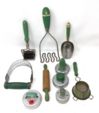 Vintage green handled kitchen items