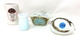 Vintage milk glass toothpick holder and basket, glass painted egg, and syrup container