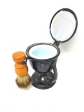 Antique shaving stand with milk glass insert and brush