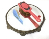 Antique dresser vanity mirror and vintage brushes