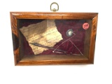 Antique wooden shadow box with pen, glasses and letter