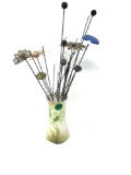 Antique hand-painted R S hat pin holder and hat pins