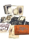 Antique photographs some on tin and photo album from 1895 (empty)