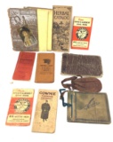 Vintage pocket dictionary, memo books, leather pouch and misc. autograph books