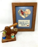 Antique pin cushion and thread holder, wood framed homespun heart picture
