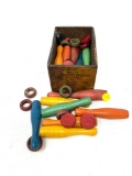 Primitive wooden crayon box and wooden toys