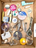 Vintage advertising pins, pipe, glass rings and more