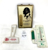 Vintage advertising thermometers and scraper