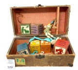 Antique doll trunk with misc. toys