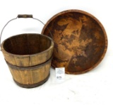 Primitive antique bucket and carved wooden bowl