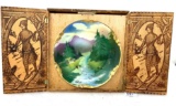 Antique wood carved box with hand painted plate