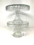 Two vintage matching clear glass cake stands