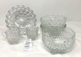 Vintage clear glass footed bowls, cream and sugar and bowls