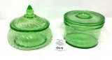 Two vintage green depression covered dishes