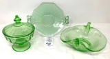 Three vintage green depression dishes