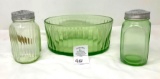 Vintage green depression salt shakers and dish
