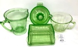 Vintage green depression measuring cups, butter dish and juicer