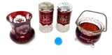 Antique red souvenir glass salt, pepper and tooth pick holders